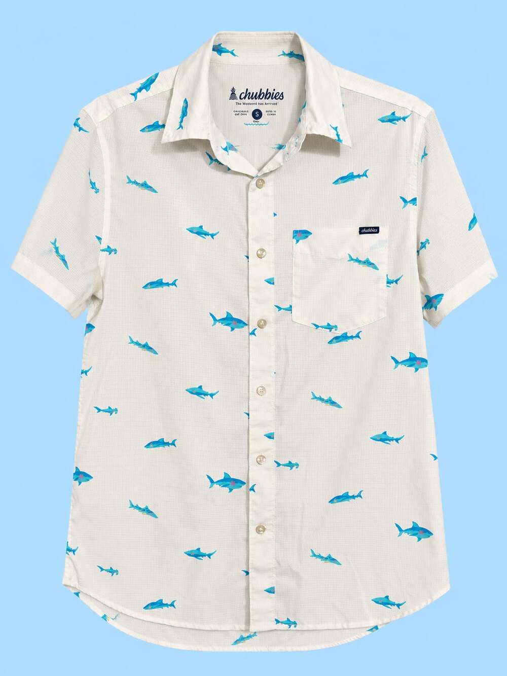 Chubbies Short Sleeve Button Down Shirt Size S White Shark Print